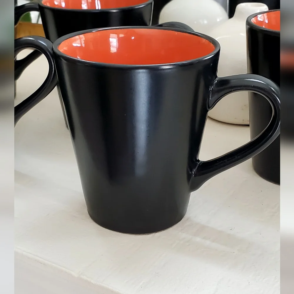 Pier 1, Set of 5, Ebony Rim Coral Colorblock Stoneware Coffee Cups, 14oz, EUC